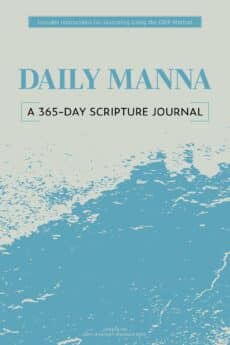 Cover of a 'Daily Manna' 365-day scripture journal with a blue ocean wave design; top banner says 'Includes Instructions for Journaling Using the GRIP Method'